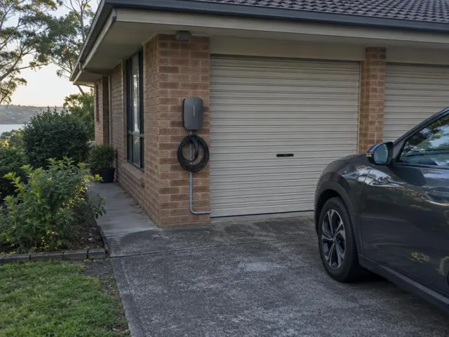 Wall-mounted EV charger on a brick garage wall beside a driveway in Blacksmiths